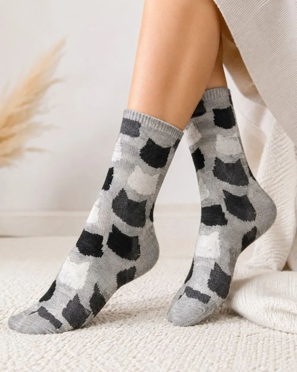 Alpaca Wool Cat Socks Gray Black Pattern Made in Peru Unisex Cozy Crew Socks